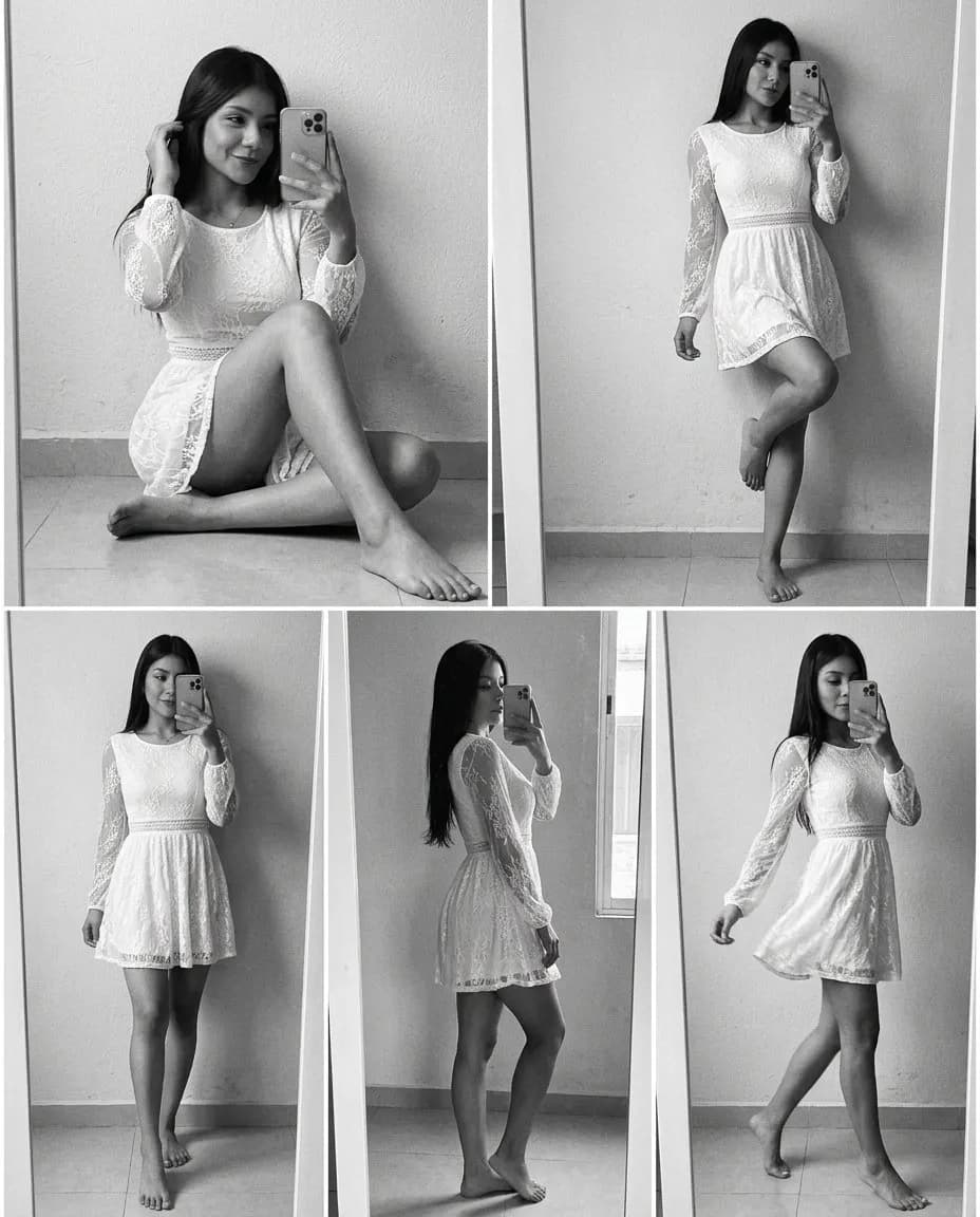 Cinematic Monochrome Mirror Selfie Portrait, Full-Body Vertical