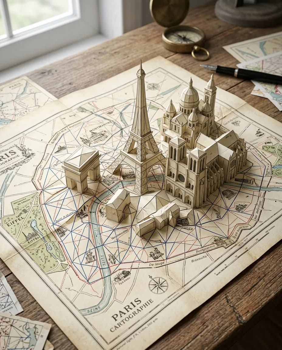 Photorealistic Origami Cityscape Studio Photograph of Vintage Map