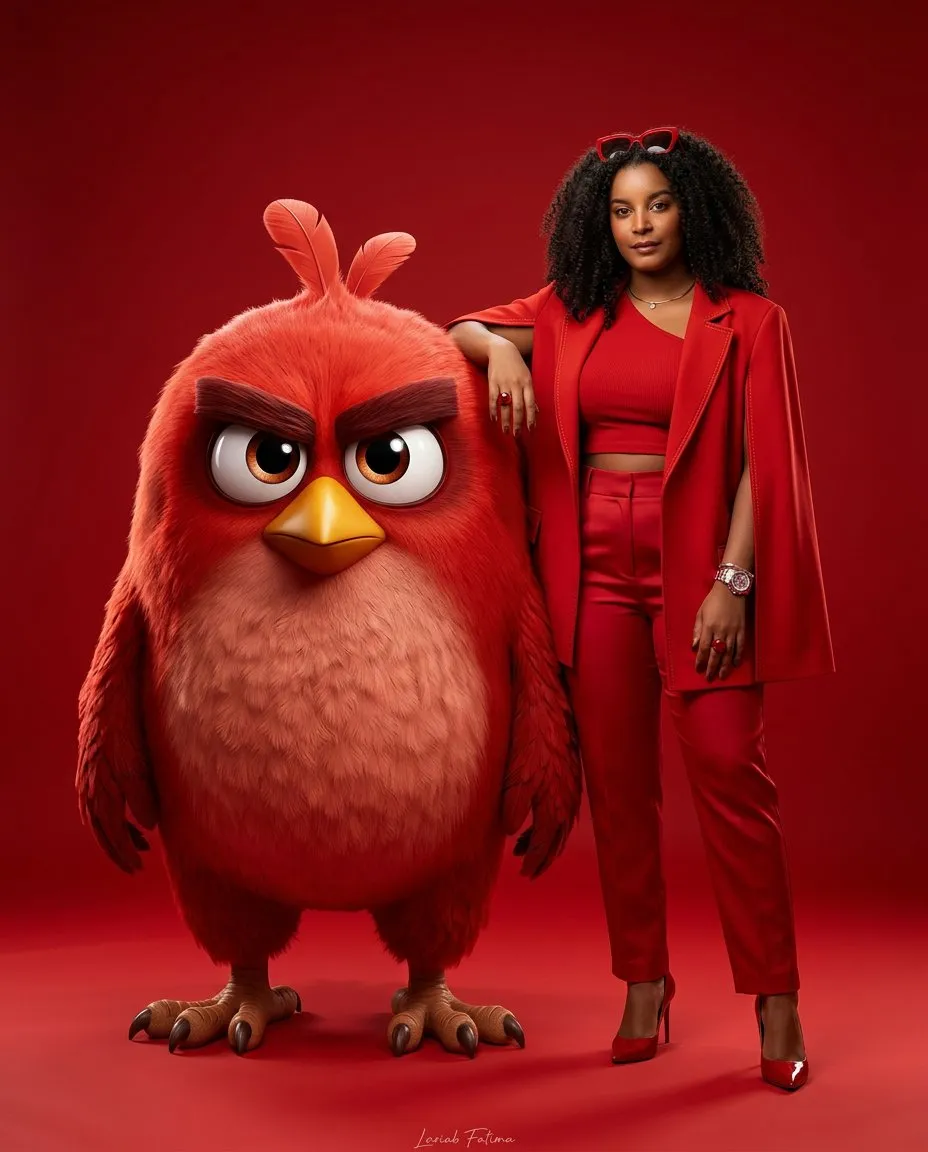 Surreal Monochromatic Red High-Fashion Studio Portrait with Giant Bird