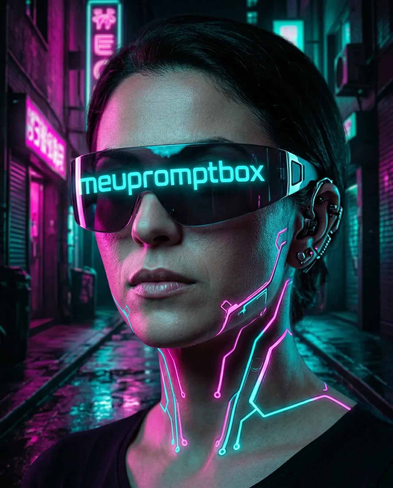 Cinematic Cyberpunk Neon Portrait with Futuristic Visor and Implants