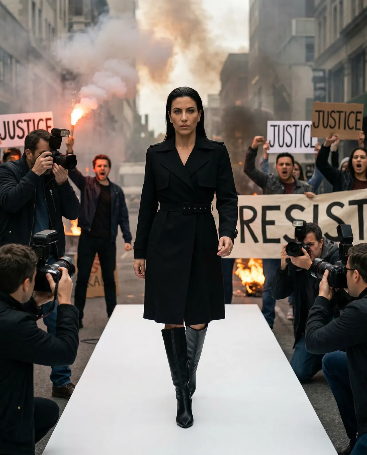 Cinematic Fashion Runway Portrait in Urban Protest