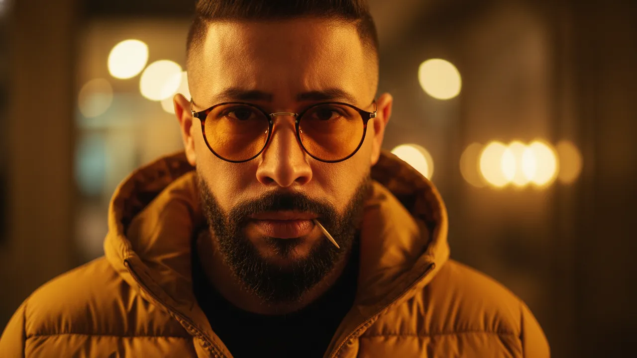 Warm Cinematic Close-Up Portrait With Amber Glasses Template