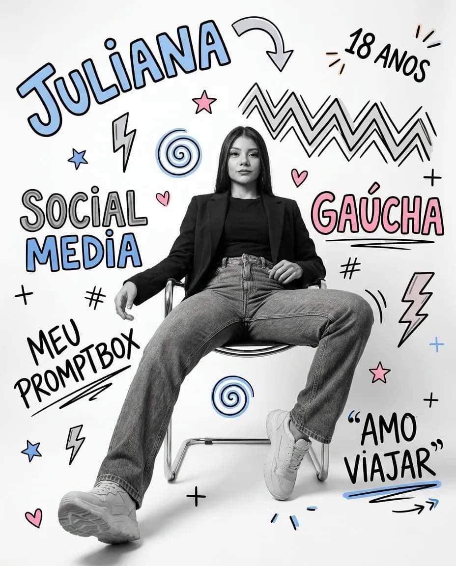 Editorial Black-and-White Studio Portrait with Doodle Graphics