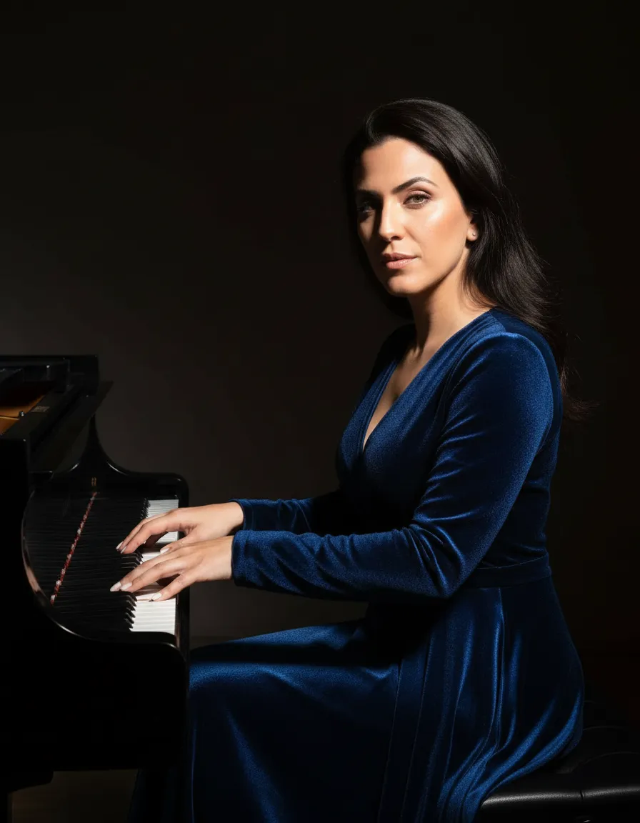 Elegant Piano Performance Close-Up with Dramatic Instrument Lighting