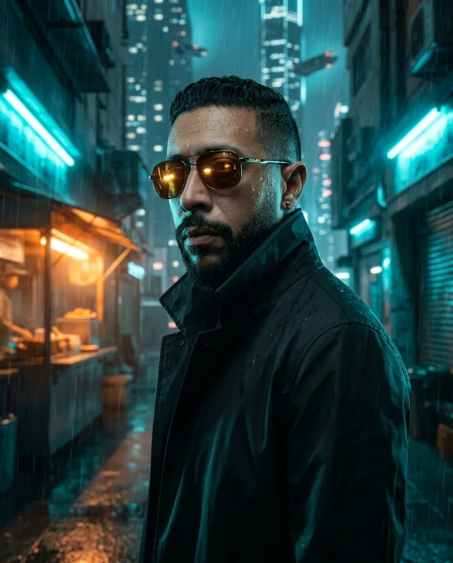 Cinematic Teal and Orange Futuristic Alley Portrait, Medium Shot