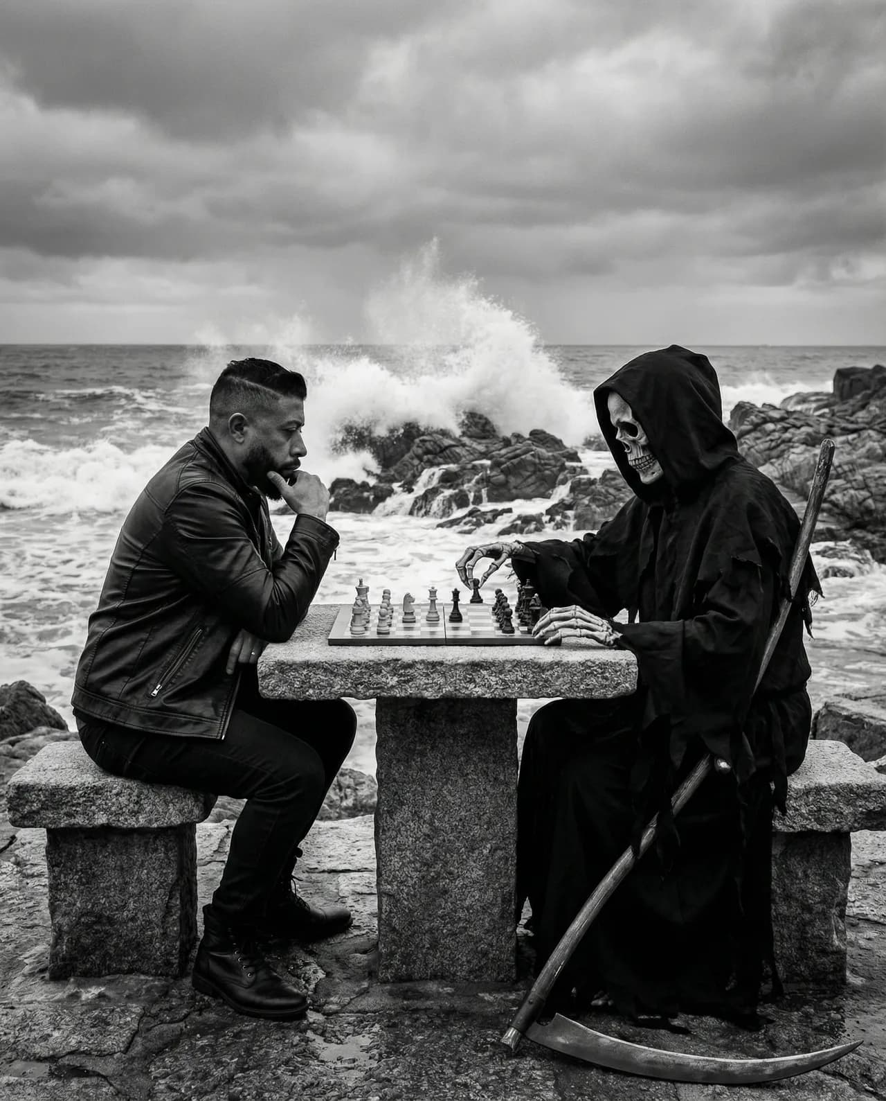 Cinematic Black and White Chess Scene With Death on Stormy Coast