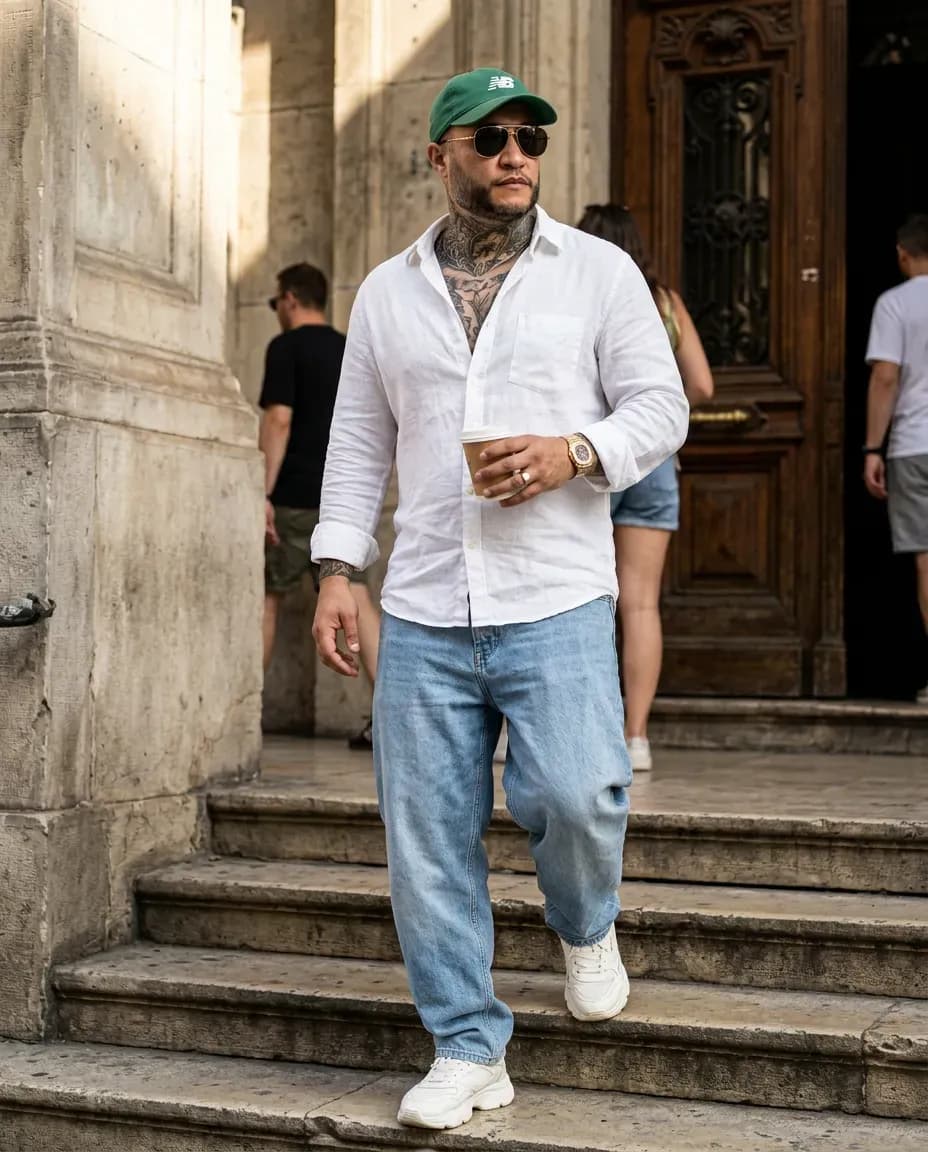 Cinematic Photoreal Street Portrait in Harsh Summer Sunlight