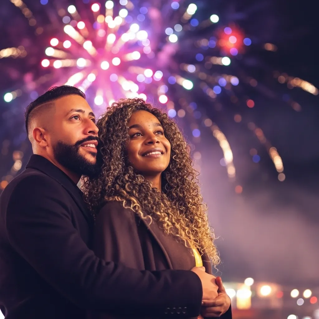Photorealistic Night Festival Couple Portrait with Fireworks Bokeh