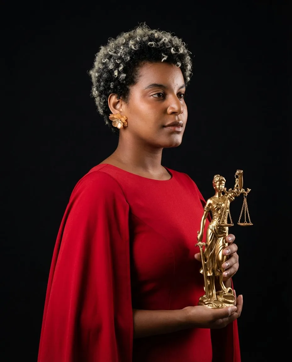 Dramatic Studio Fashion Portrait with Gold Balance Statue