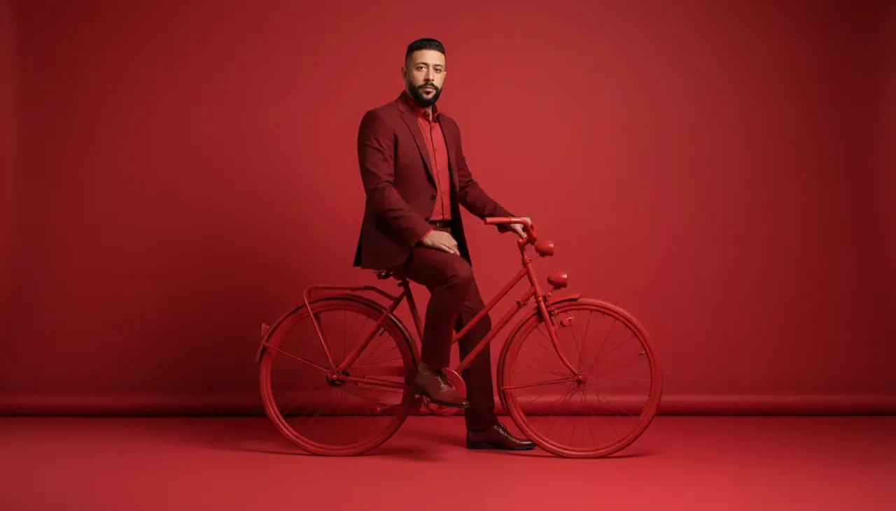 Monochromatic Red Studio Fashion Portrait with Bicycle