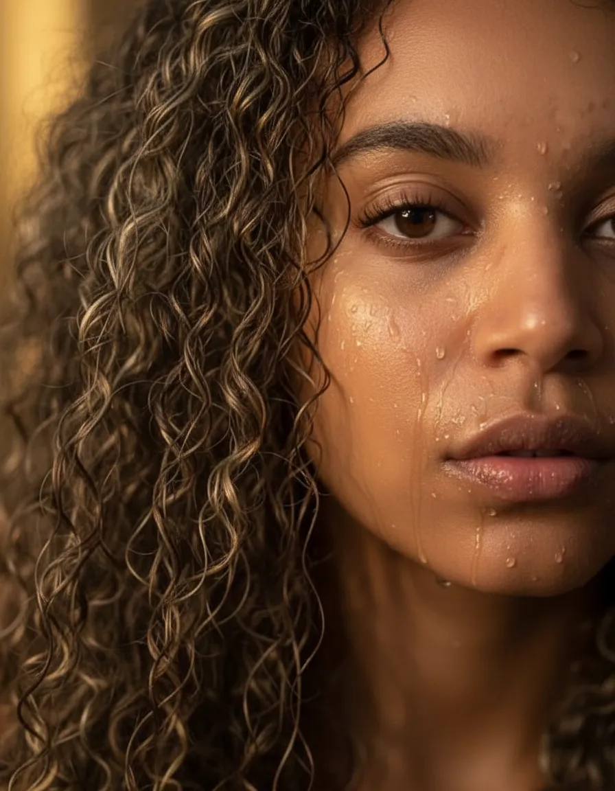 Hyper-Realistic Golden Hour Wet Close-Up Portrait