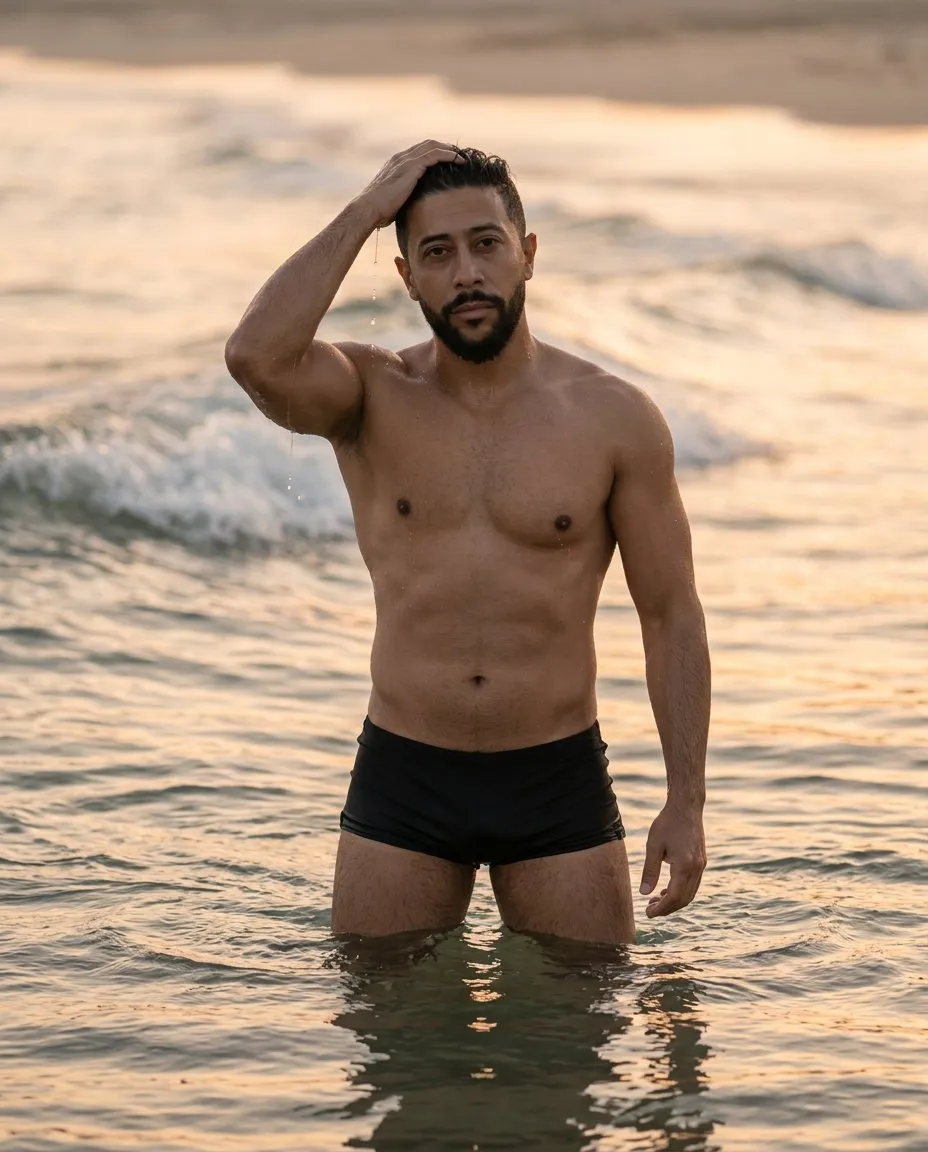Cinematic Luxury Beach Portrait — Golden Hour Romantic Elegance