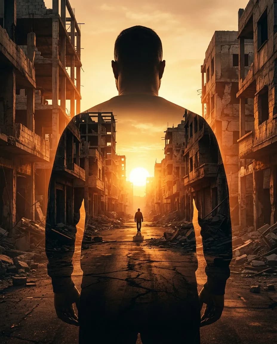 High-Contrast Double Exposure Portrait with Cinematic War-Torn Interior