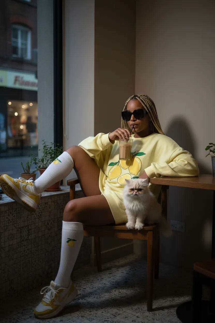 Lemon Glow — Cinematic Streetwear Café Portrait