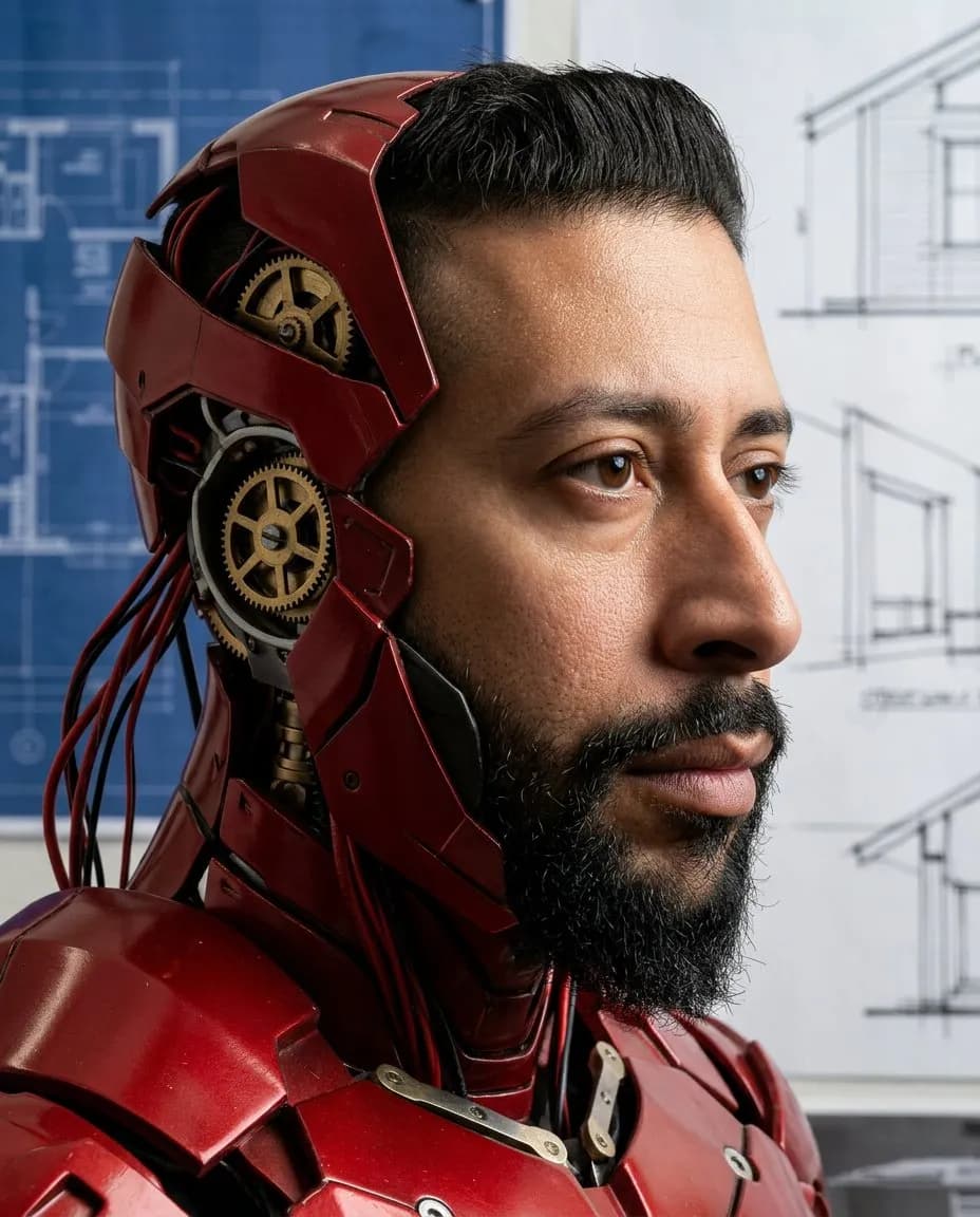 Hyper-Realistic Cyborg Side Profile Portrait with Architectural Sketch