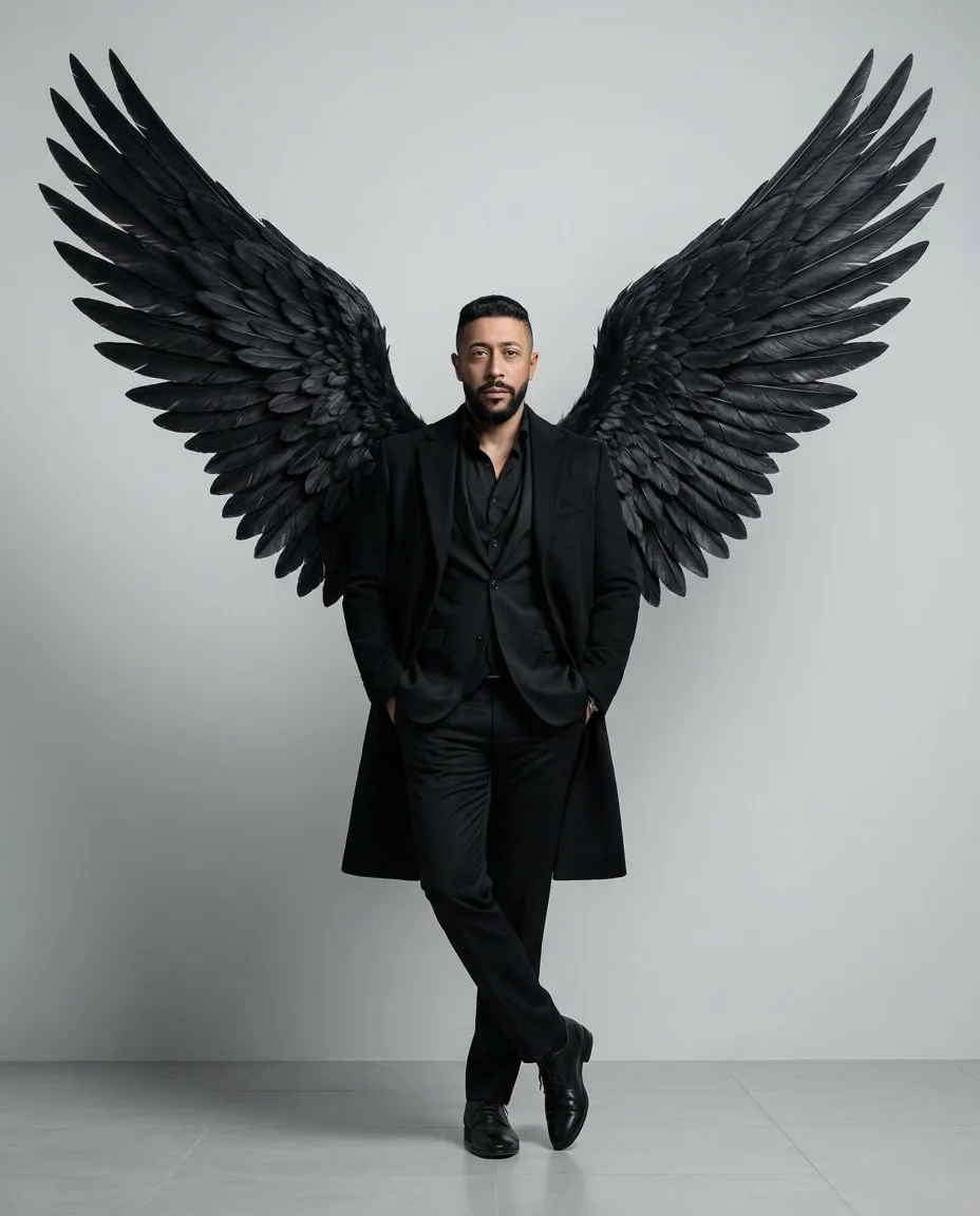Cinematic Dark-Elegant Full-Body Portrait with Black Wings