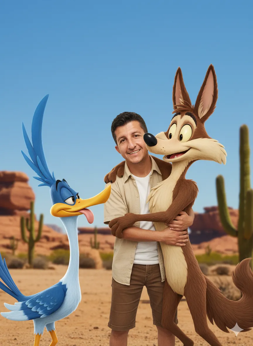 3D Rendered Hug Between Wile E. Coyote, Road Runner, and a Human Fan in Desert Scene