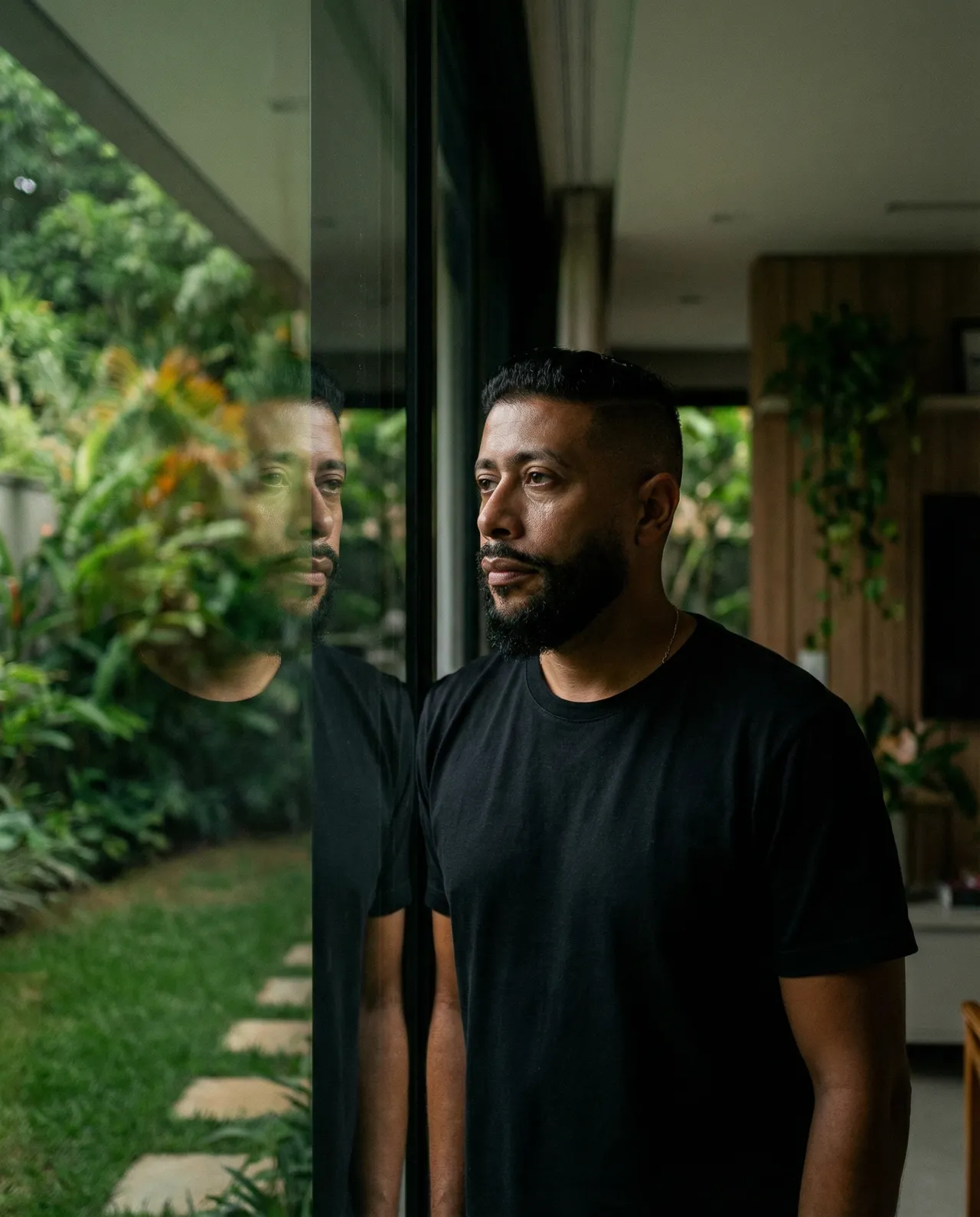 Reflective Cinematic Portrait in Minimalist Glass Interior