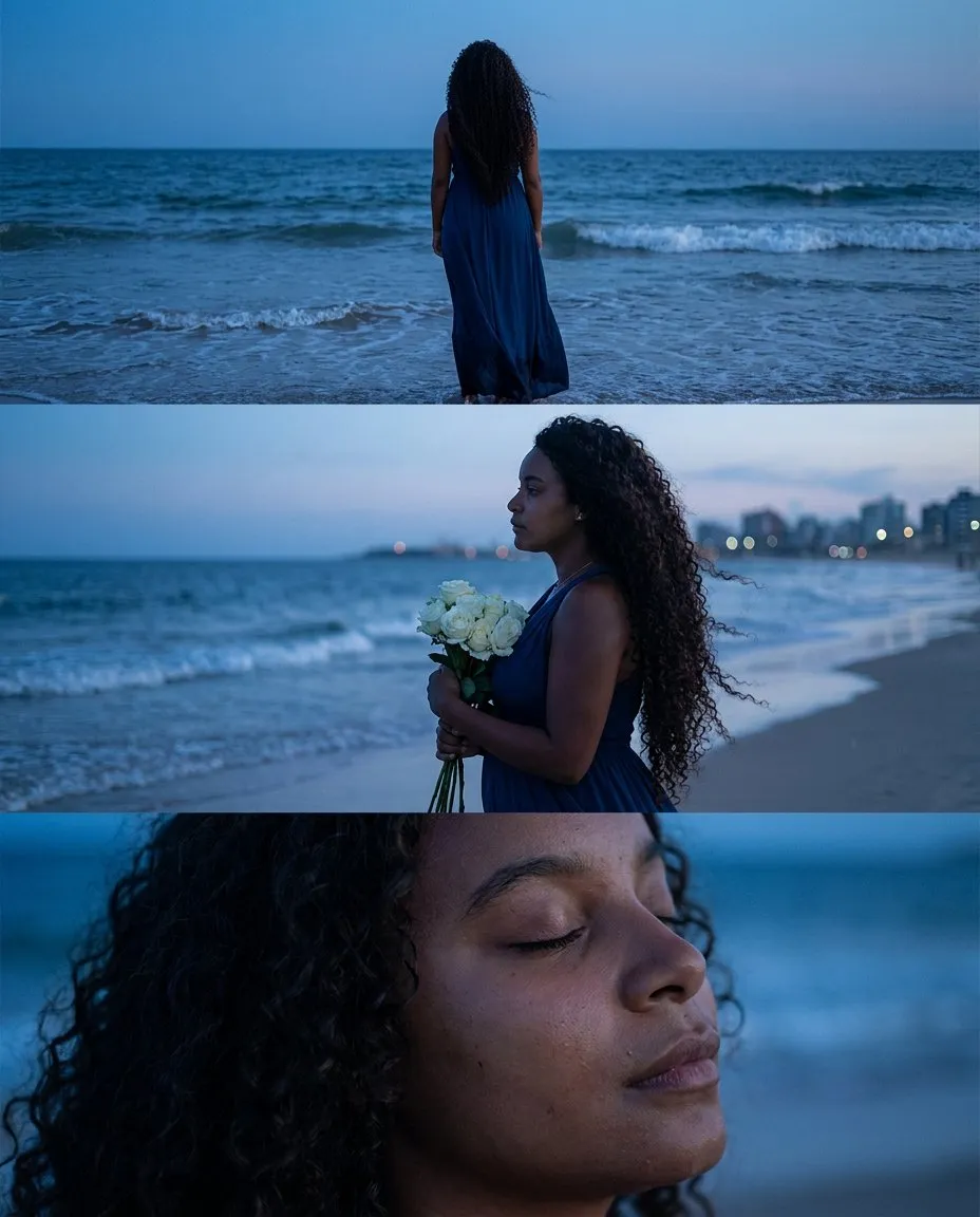 Cinematic Melancholic Beach Portrait Series at Blue Hour