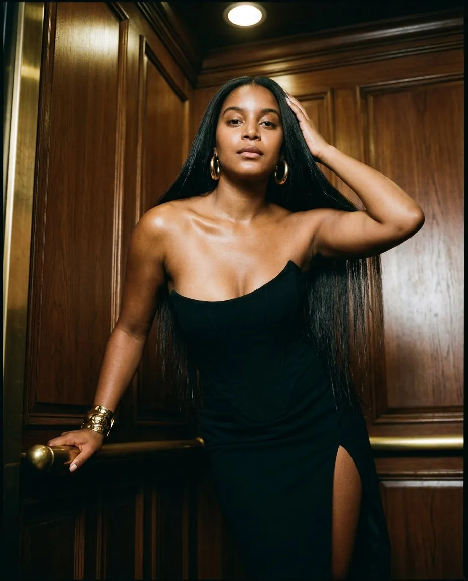 Glamorous Editorial Portrait in Vintage Elevator, Cinematic Film