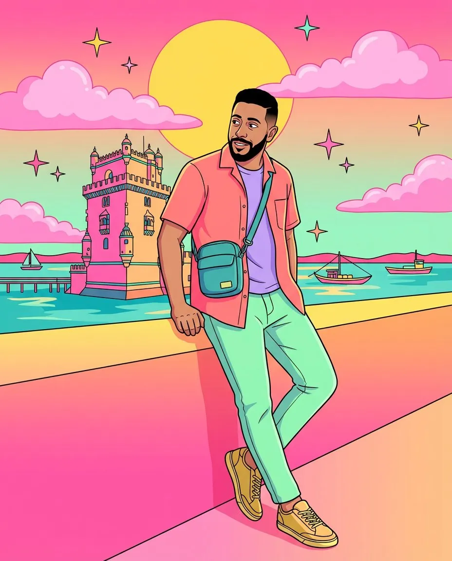 80s Pop-Art Portrait Featuring Portuguese Landmark, Vibrant Retro