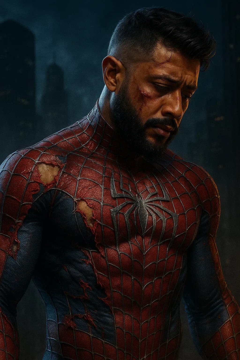 Battle-Worn Spider Hero in Dramatic Night City