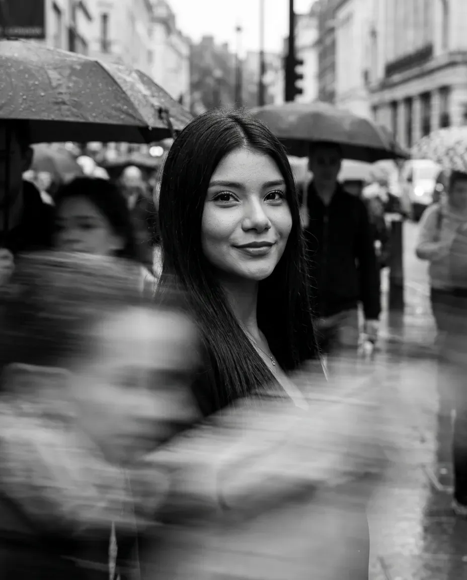 Cinematic Moody Street Portrait with Motion-Blur Crowd and Hyperreal Skin