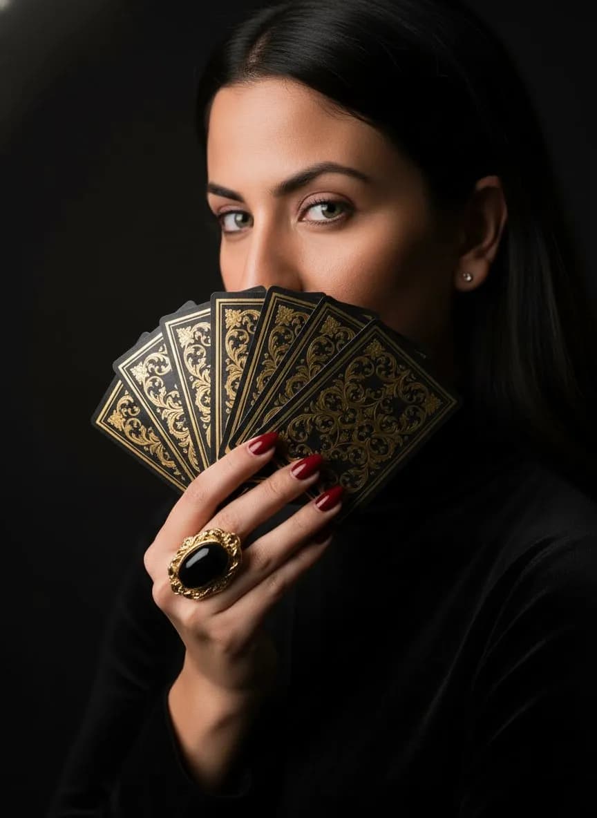 Cinematic Mystery Portrait with Playing Cards and Dramatic Lighting - Imagem 1