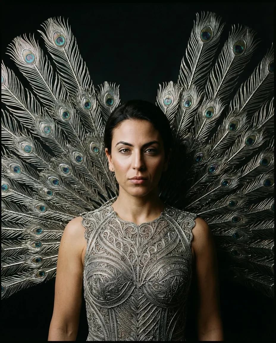Surreal High-Fashion Portrait with Metallic Peacock Tail - Imagem 1