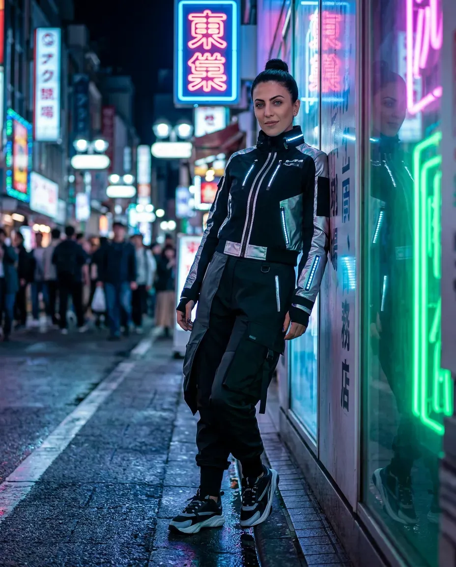 Neon Tokyo Cyber-Luxury Full Body Portrait