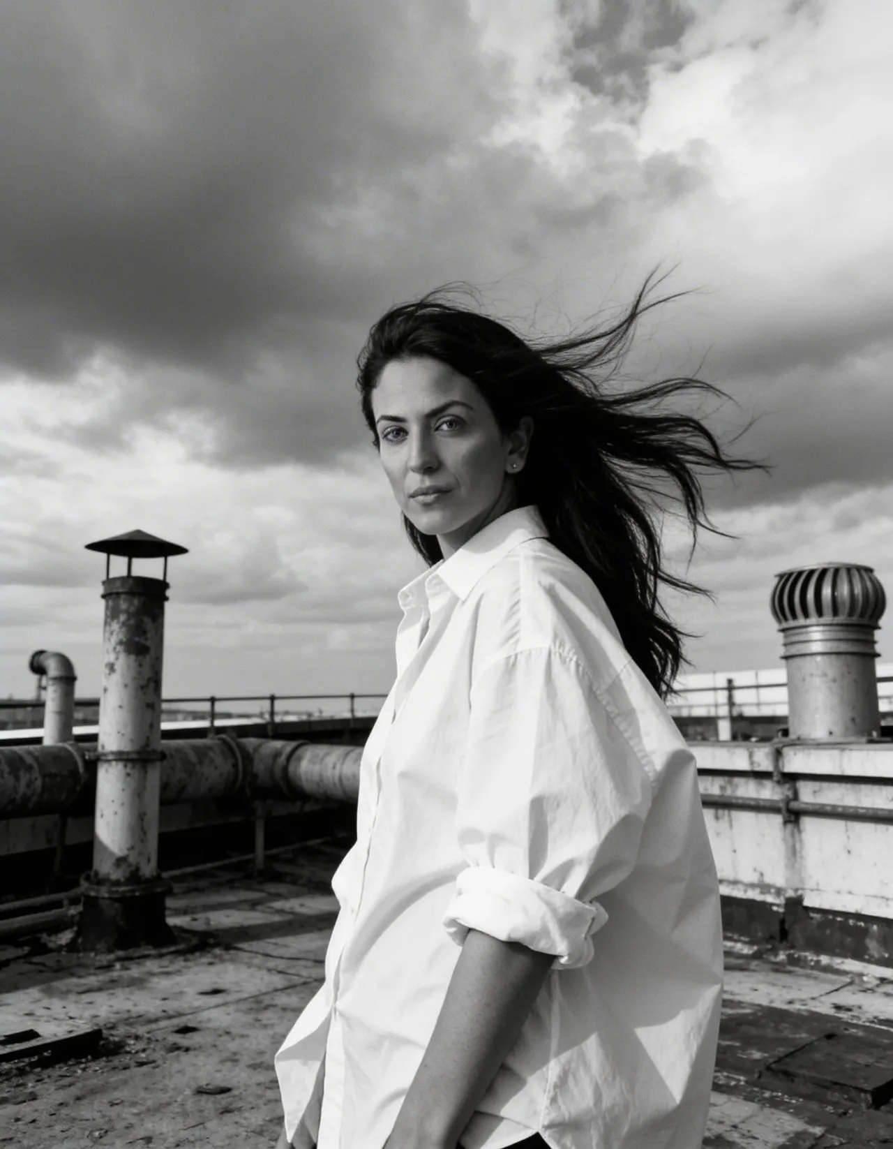 Cinematic Black-and-White Fashion Portrait on Industrial Rooftop