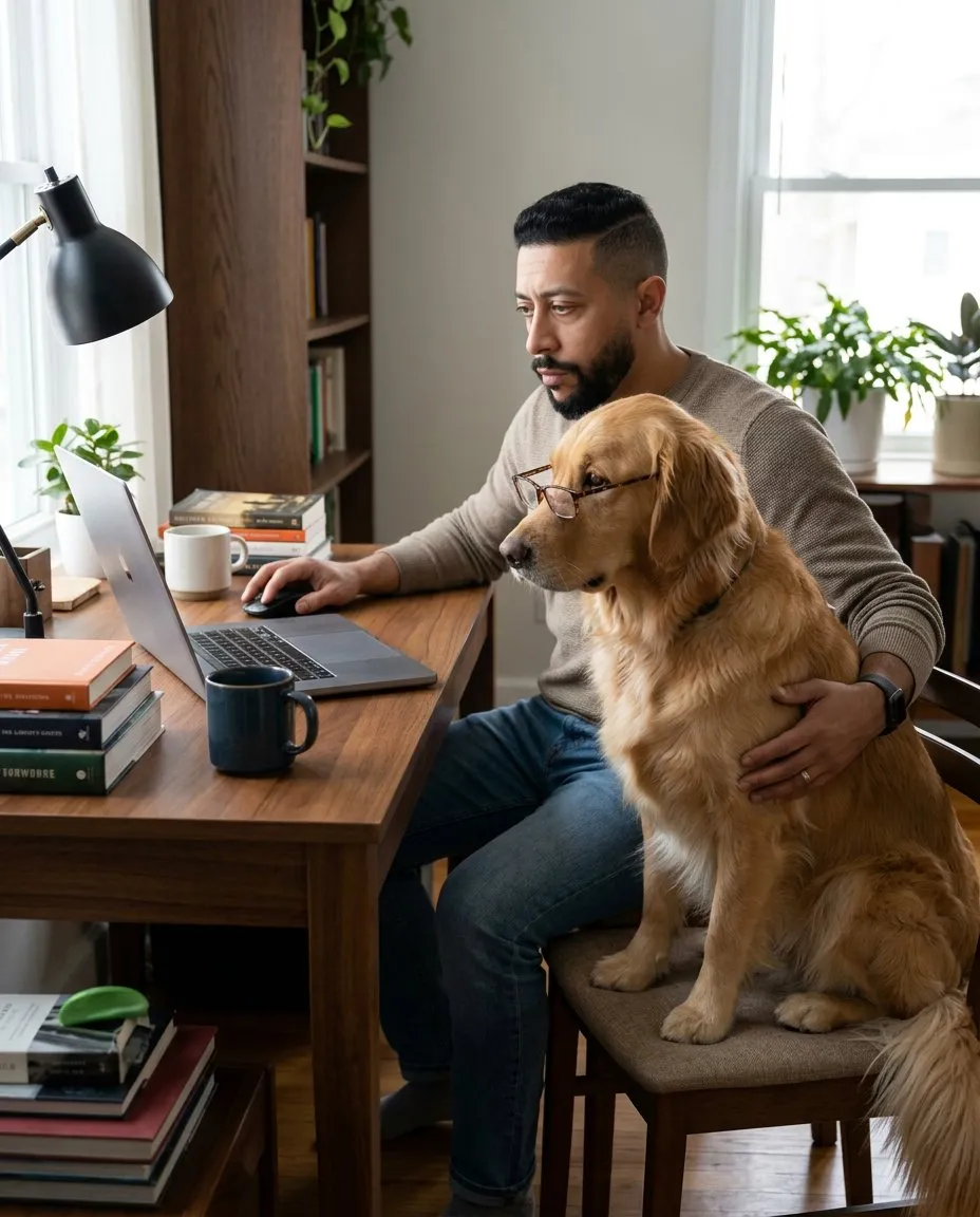 Cinematic Home-Office Portrait with Pet, Natural Light Lifestyle