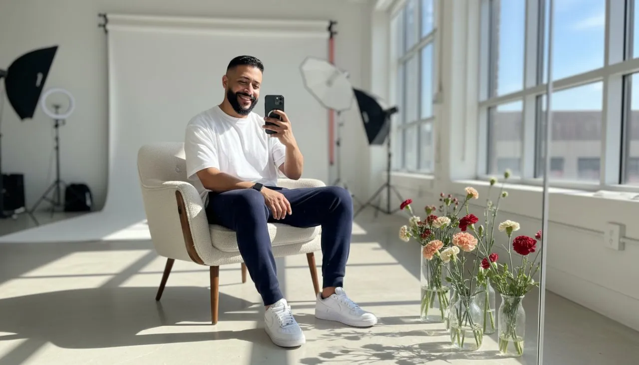 Casual Portrait of a Man Taking a Mirror Selfie in a Modern Photo Studio