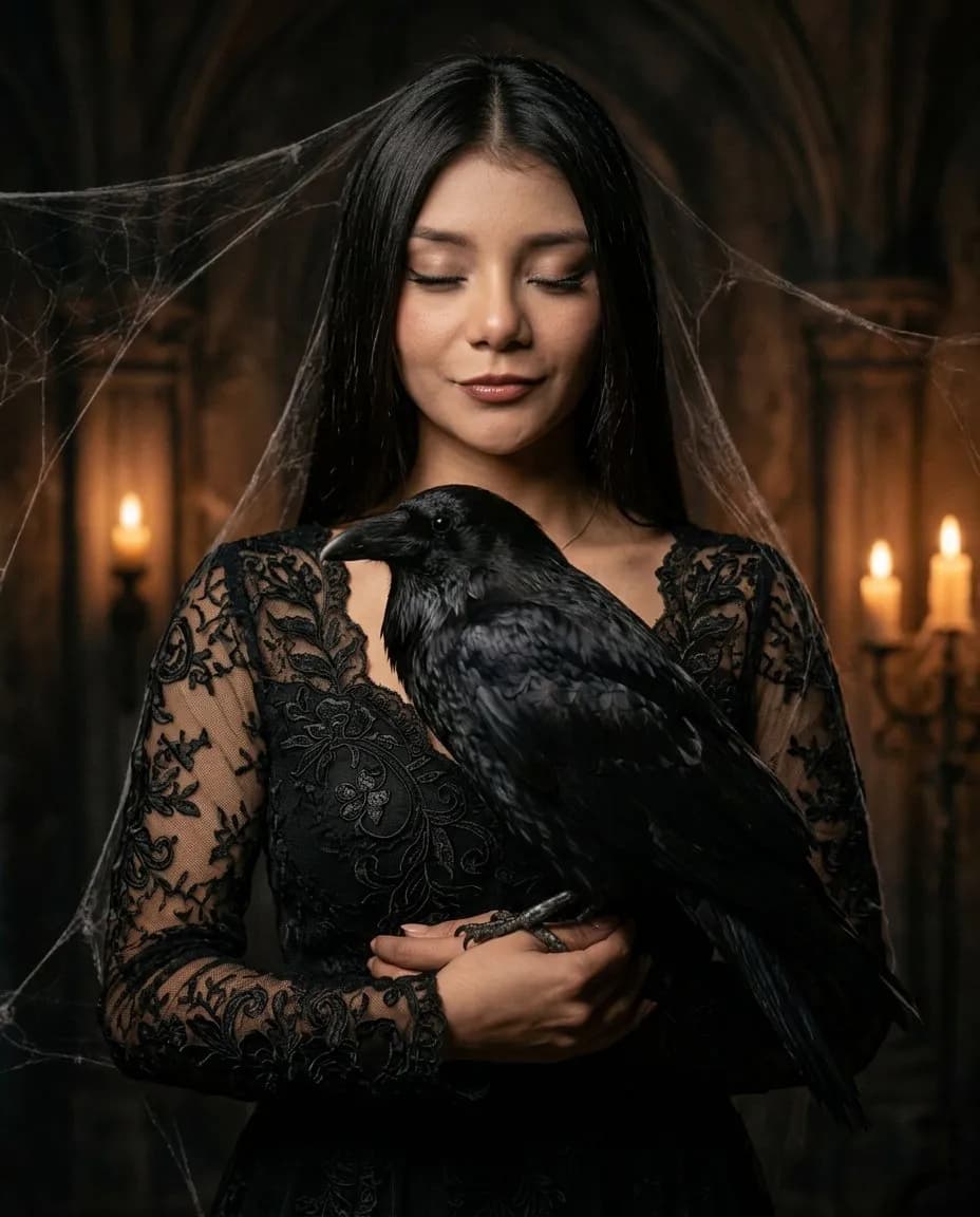 Cinematic Gothic Portrait Photography — Raven & Candlelit Mood