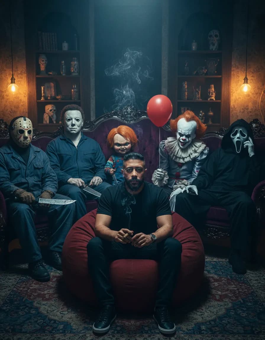 Cinematic Horror Lounge Editorial – Villains Gathering Scene