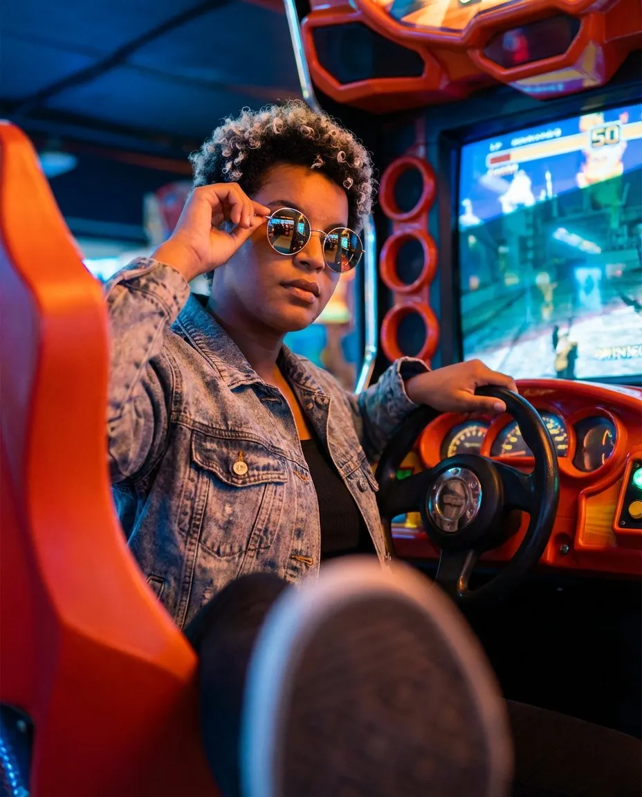 Vertical Retro Arcade Racing Portrait, Cinematic Low-Angle Lighting