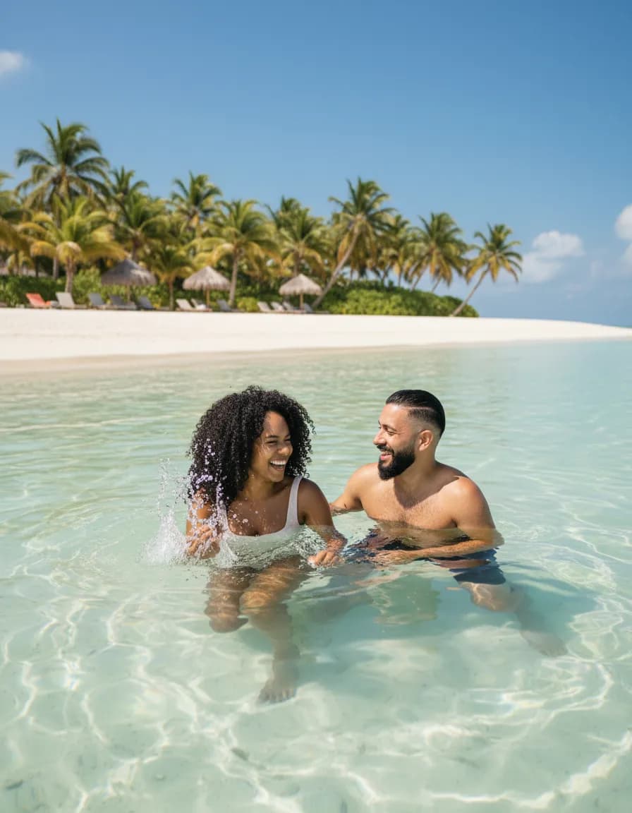 Happy Couple Swimming in Turquoise Tropical Water