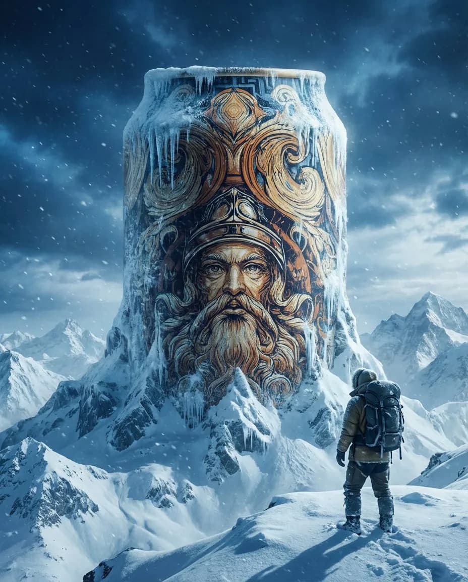 Hyper-Realistic Colossal Can Soda Towering Over Snowy Mountain Range