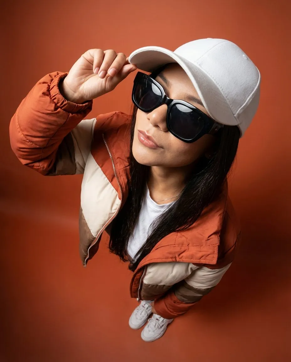 Ultra-Wide 10mm Fisheye Editorial Portrait with Bold Studio Colors