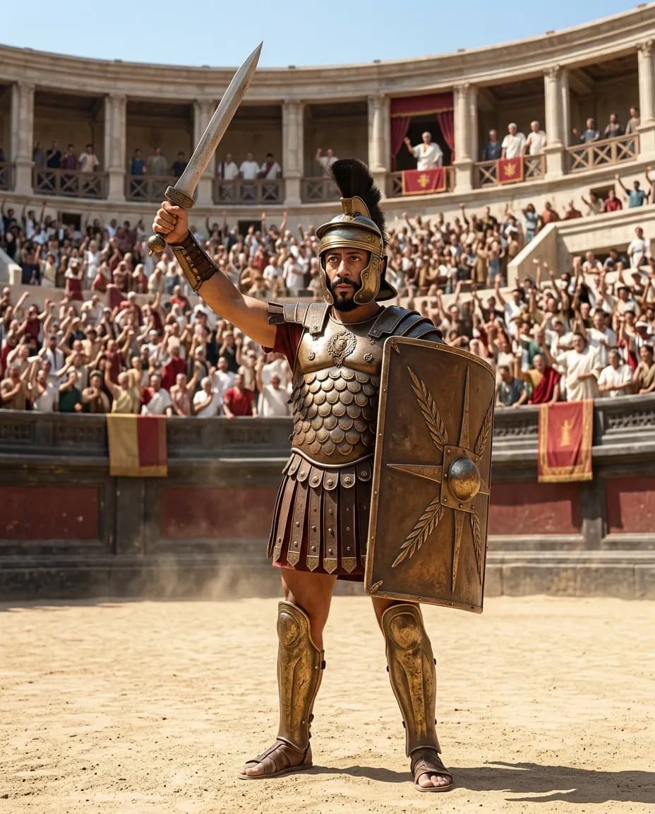 Photoreal Full-Body Gladiator in Roman Coliseum, 35mm Cinematic