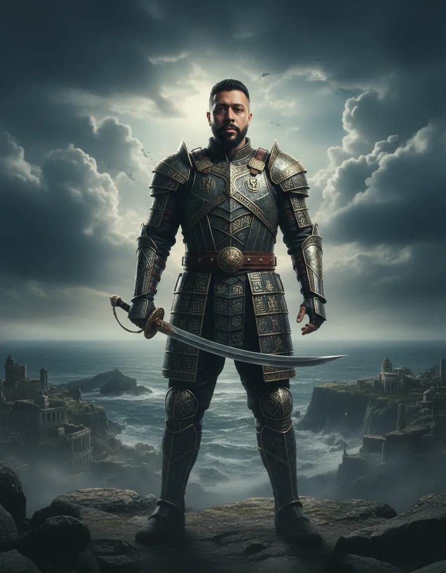 Epic Vintage Cinematic Portrait with Symbolic Armor