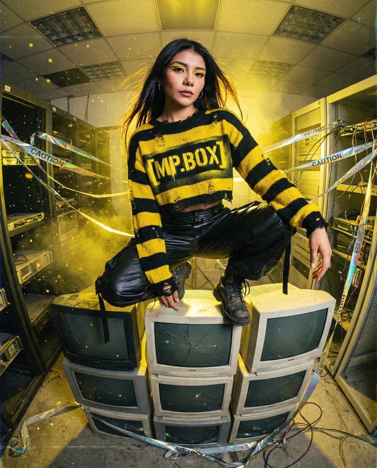 Cinematic Fisheye Portrait in Abandoned Server Room - High-Voltage Editorial