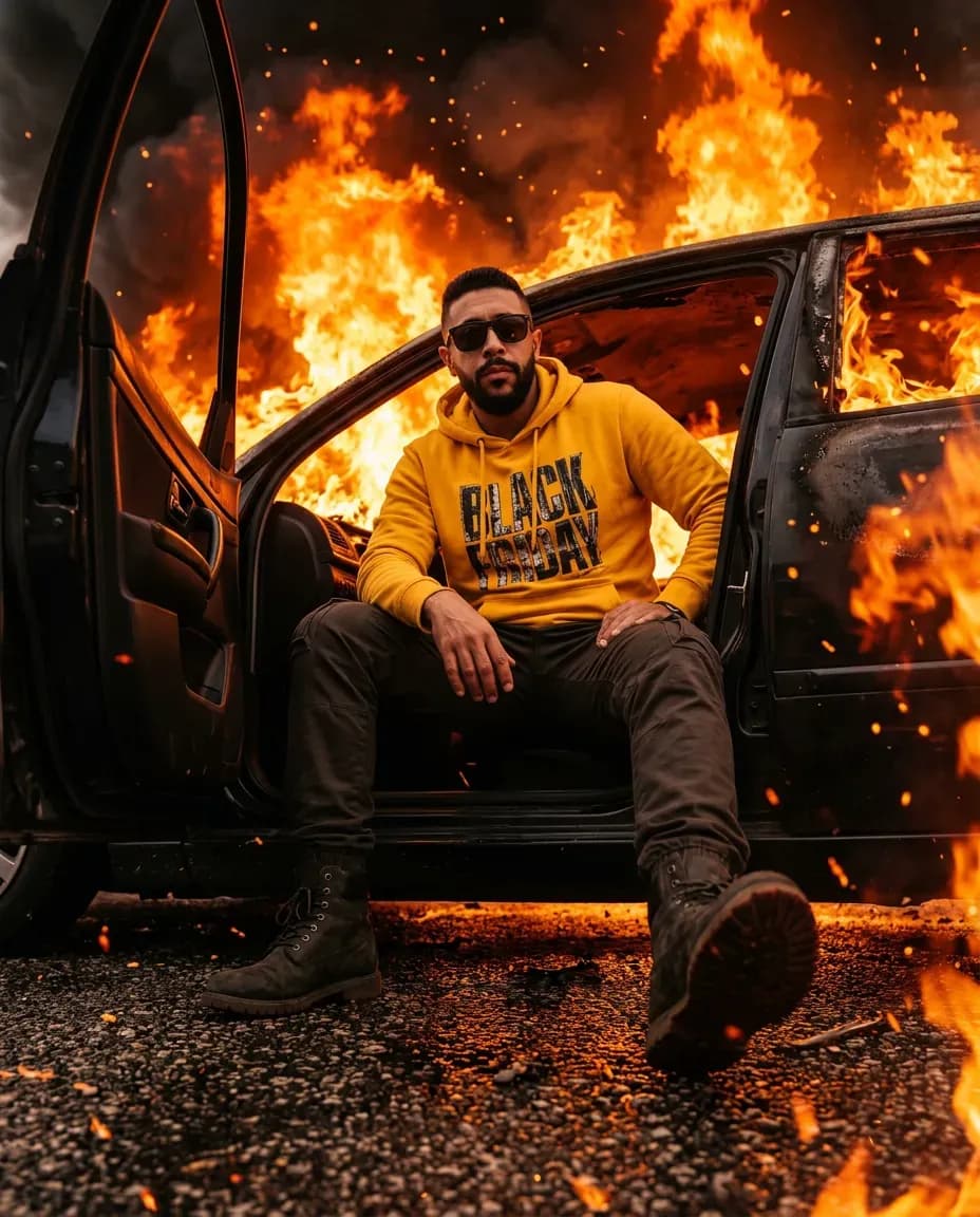 Cinematic Car Fire Scene with Urban Style