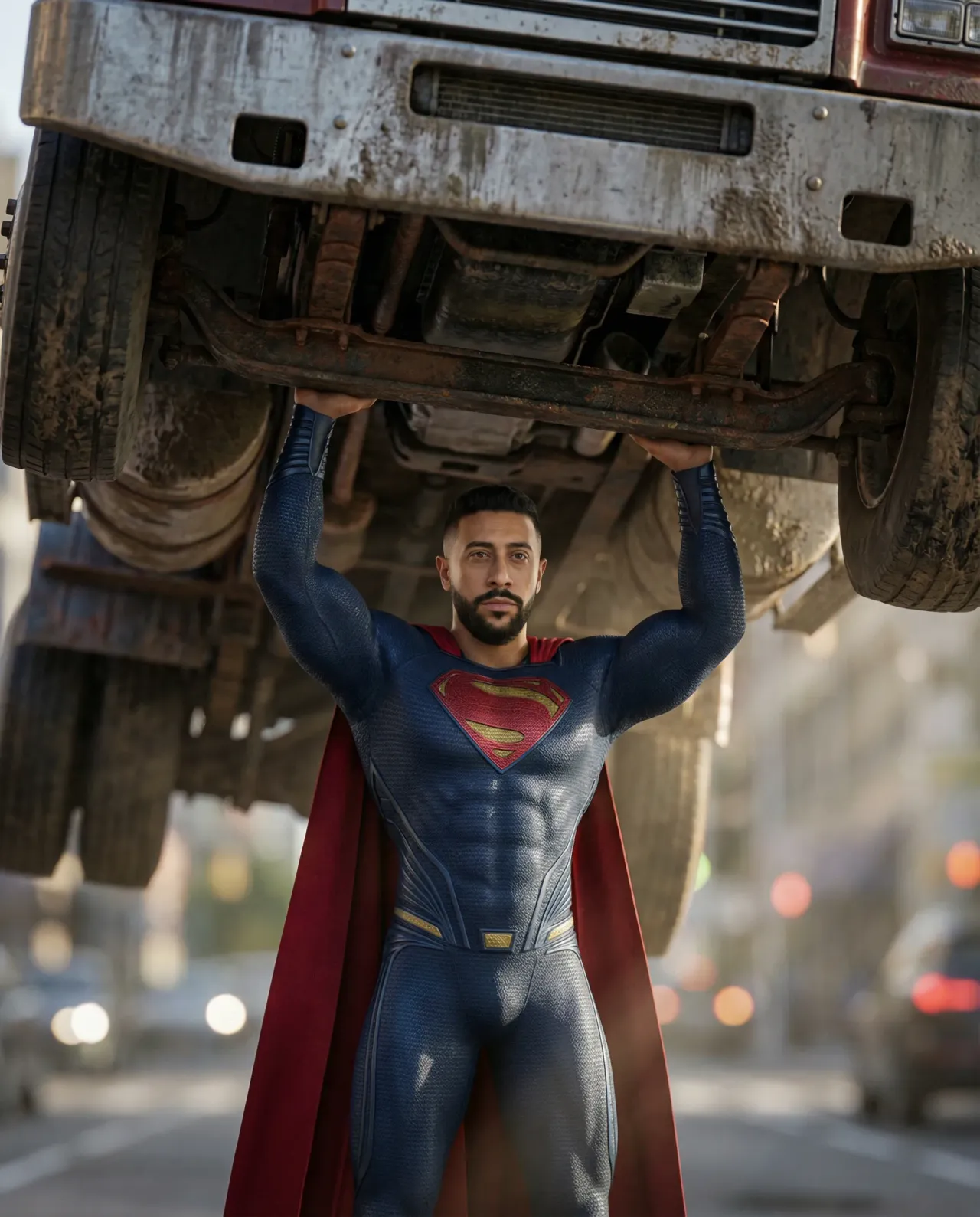 Cinematic Photoreal Superhero Medium Shot Lifting Truck