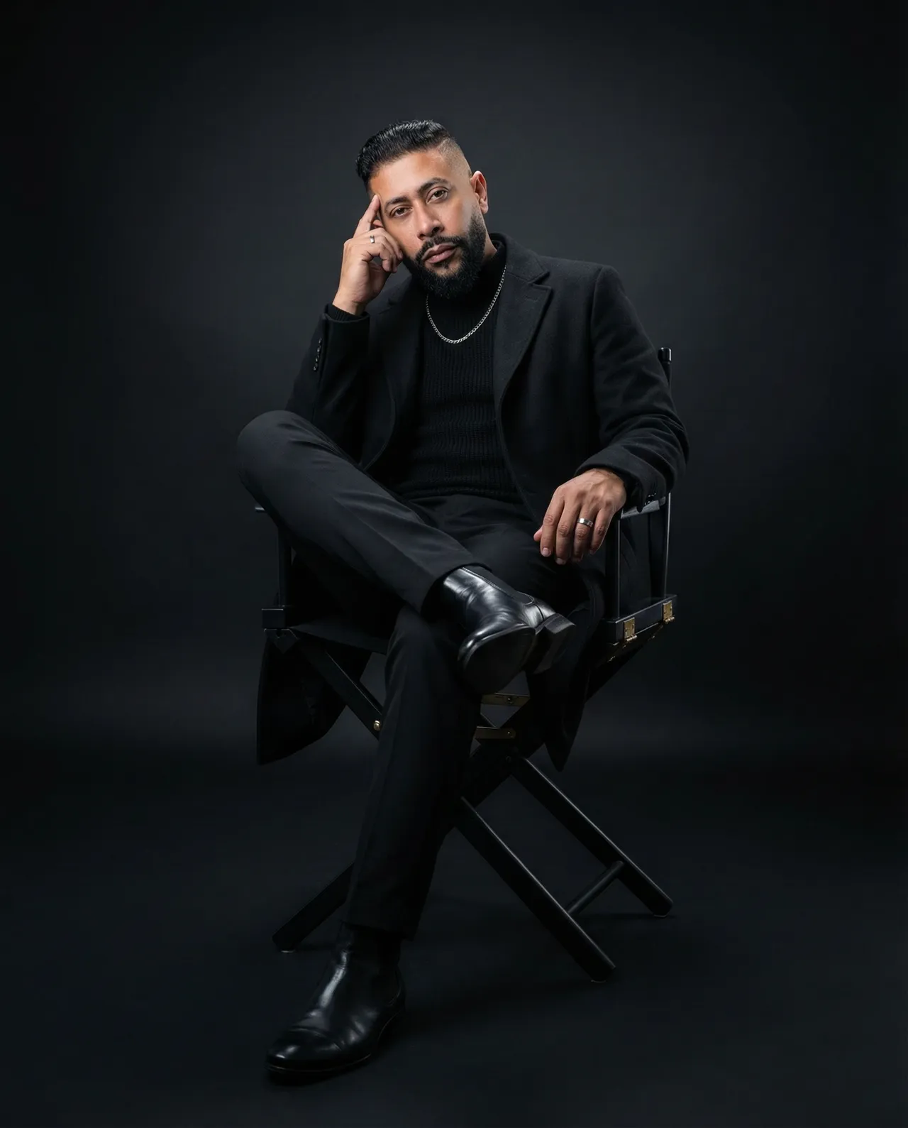 Cinematic Dark Studio Menswear Editorial Portrait