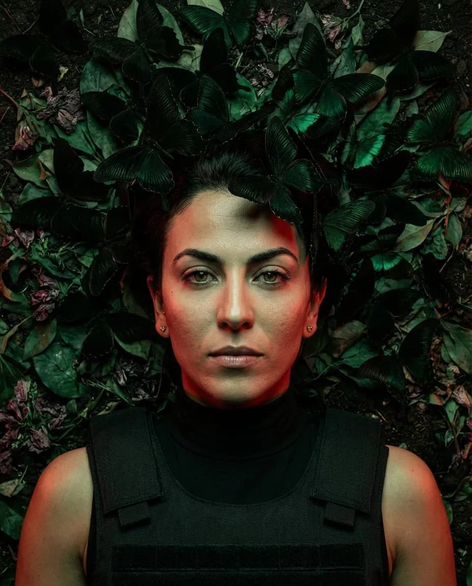 Cinematic Overhead Flatlay Portrait with Dark Butterflies - Imagem 1