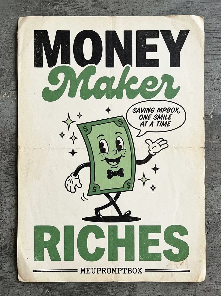 Retro Cartoon Money Mascot Poster with Vintage Rubberhose Style
