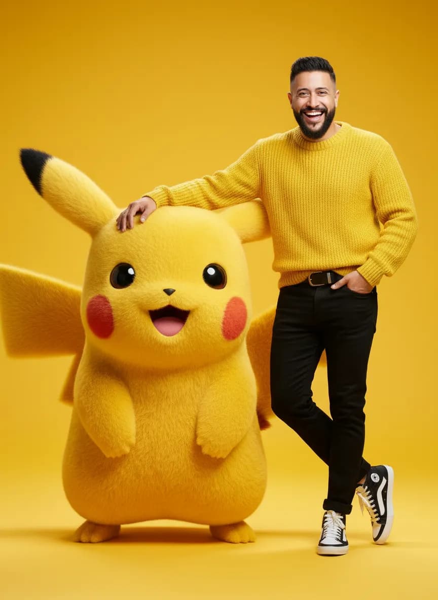 Hyper-Realistic Fashion Portrait with Giant 3D Pikachu