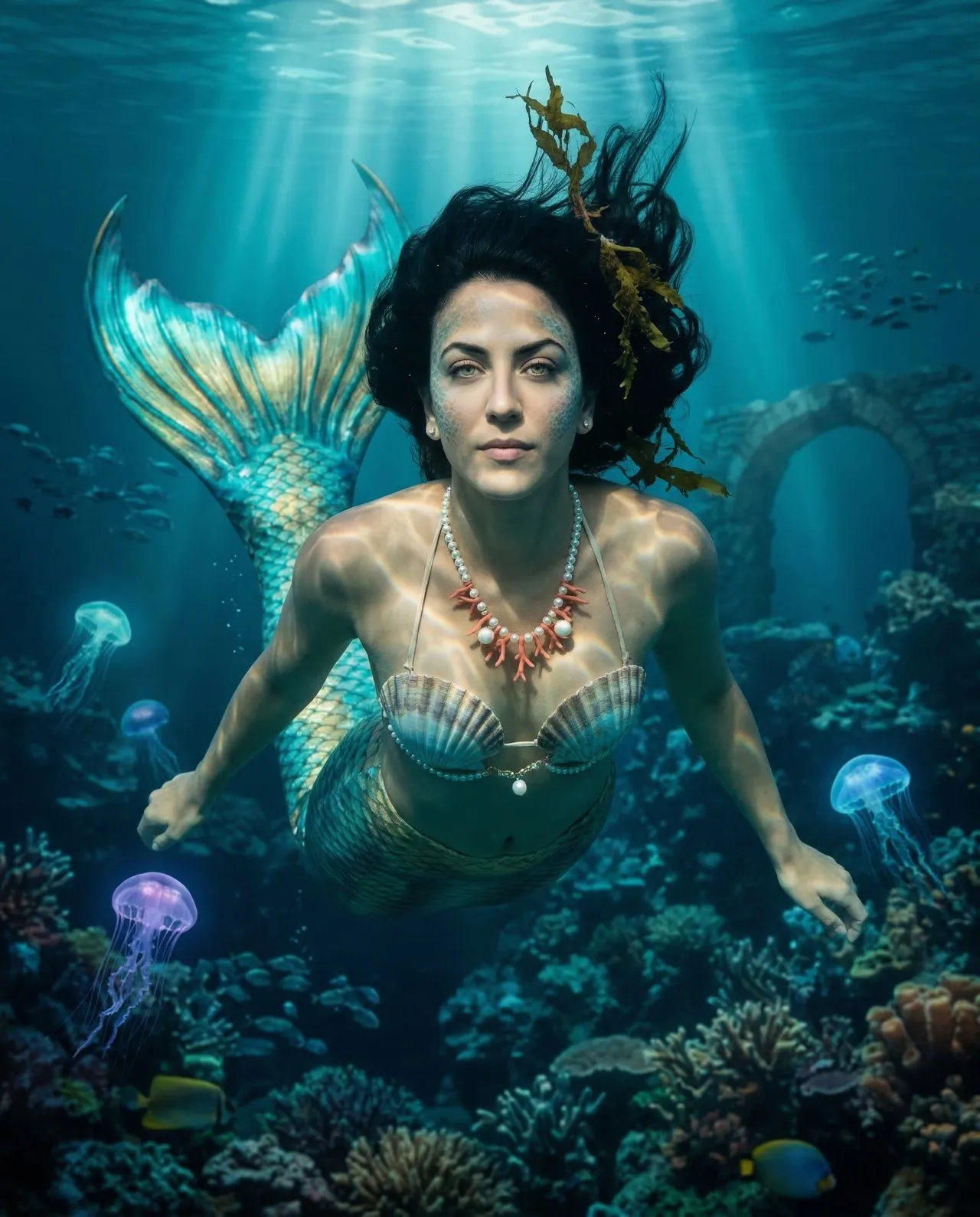 Photorealistic Mermaid Underwater Portrait with Bioluminescent Lighting - Imagem 1