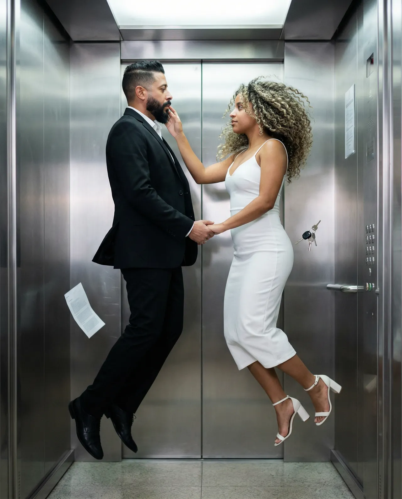 Photorealistic Zero-Gravity Elevator Couple Template